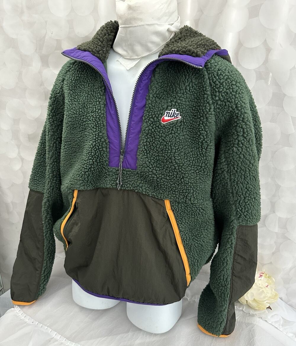 Nike Sportswear Mens MED Green Sherpa 1/4 Zip Heritage Jacket Hoodie Sequoia